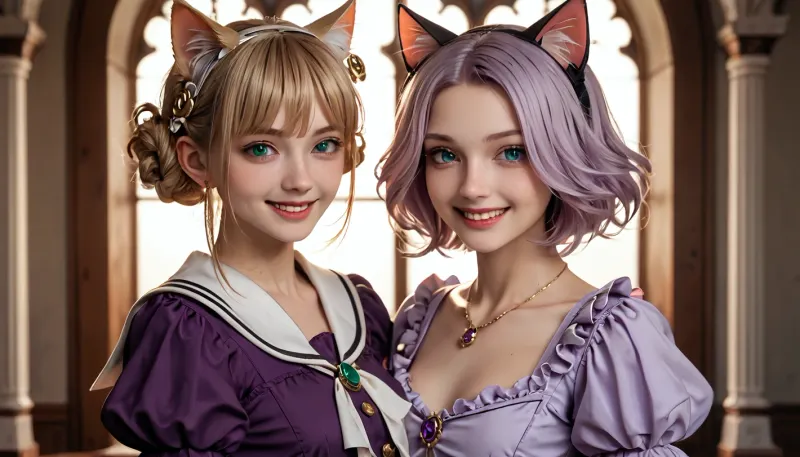 Princess cat girl, cat ears. lavender hairstyle, pink and purple dress, puffy dress. the princess dress. pirate tandem of a princess and a sailor, the femininity of nature in green and emerald shades, azure sky, realism professional photo high quality high resolution, unreal engine 5, v-ray, soft lighting, smile