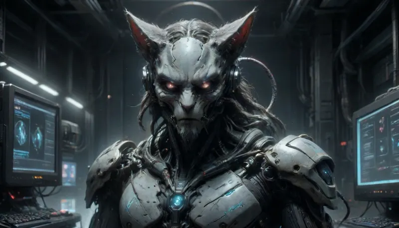 In the background of computer room, we can see screens with alien symbols, futuristic alien style, portrait, 3/4 view, male shapeshifting cyborg alien-cat, beardless, long ears, (elongated snout), cables as hair in a 'Predator' style, black eyes, very lot red luminous veins, lot blue luminous cables, black skin with light printed circuits, (luminous holograms), (small white electric arcs on the skin), very white rusty futuristic armor, B34ut1ful, 4ndr01d, cyborg, metal, gears, circuits, bioluminescent, detailed face, detailed armor, mecha, <lora:Beautiful_Android:1.5>, <lora:277457_training_data:2>, <lora:mecha-000009 (1):1.2>, ais-darkpartz, <lora:Dark_Particles_Style_SDXL:.8>