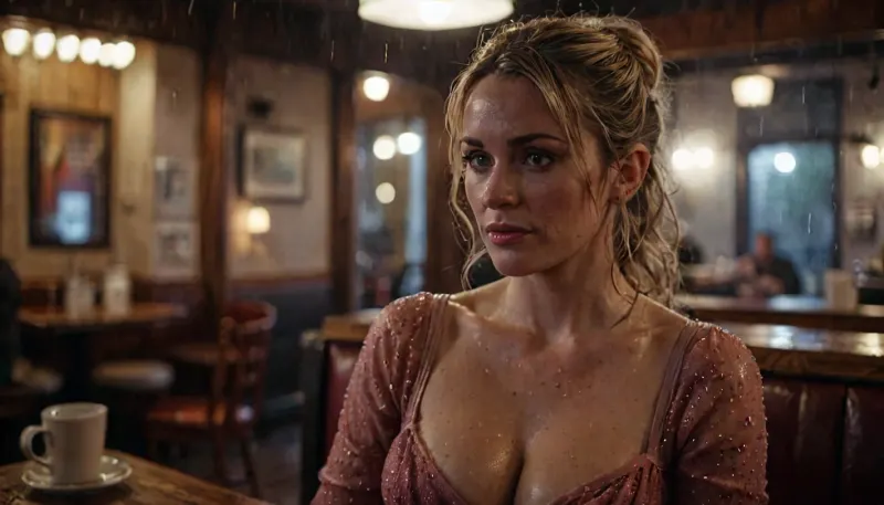 cinematic film still of a sexy busty MILF in a cafe on a rainy night, filmic, vignette, highly detailed, high budget Hollywood movie, bokeh, cinemascope, moody, epic, gorgeous, film grain, grainy, <lora:filmicVibesXL_v1.1:2>, <lora:MJ52:2>, <lora:add-detail-xl:2>, <lora:Picture_enhancer:.8>
