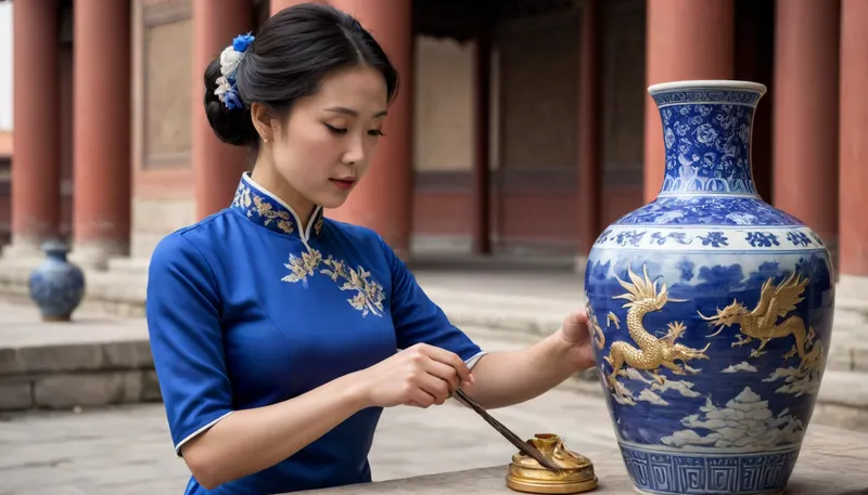 Chinese woman, 30s, painting a porcelain vase., (Dressed in a sapphire-blue silk qipao adorned with gold embroidery, she is focused), her dark eyes fixed on her work, (raw white porcelain vase with fine details visible), ., (Her skillful, gentle hands move with precision.), (Ceremonial courtyard of the palace, Forbidden City, Beijing, China), Full view of the palace in the background, (fine details, high contrast, large depth of field, presents an atmosphere of tranquility), . Sunlight enhances the shadows on the porcelain objects and highlights the intricate details of the craftsmanship. The vase she is creating features dragon and phoenix designs in pastel hues. The style is realistic, highlighting every tiny detail. The composition is a close-up, which focuses on the woman and her work, evoking a sense of serenity and China's rich cultural history. UHD, 8k, NEGATIVE_HANDS