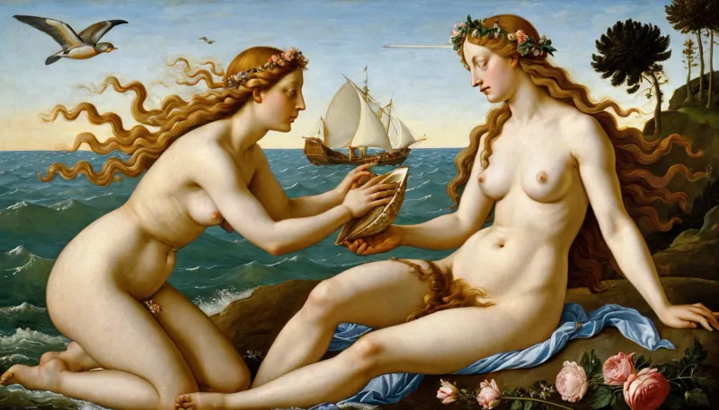 The painting depicts the birth of Venus from the shell of a ribbed heart or scallop, driven by the wind. On the left side of the painting, Zephyr blows on a shell, creating a wind filled with flowers. In the center