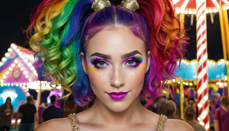 The ultra-detailed AI generated portrait captures the viewer's attention with its mesmerizing eyes. The photo is full body portrait, showing the subject standing in front of a merry go round, with a captivating background of carnival over