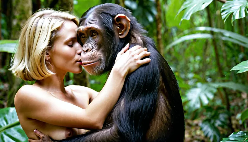 The young Caucasian girl was a beautiful sight to behold as she stood naked in front of the chimpanzee. Her perfect body was on full display as she stood naked in front of the chimp's eyes. He approached her slowly, his hands reaching