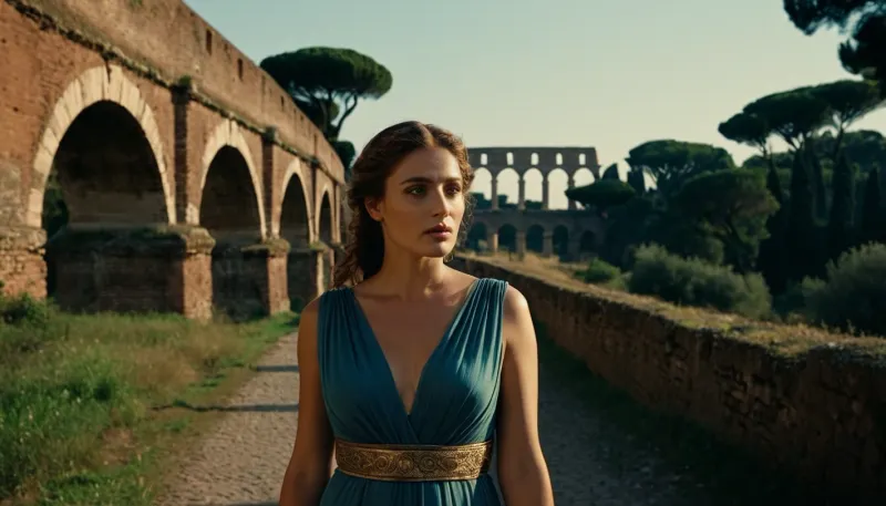 The entrance to Rome was a dark and mysterious place, illuminated only by the flickering light of an ancient Roman woman's body. Her beauty was beyond compare, and her innocent aura emanated from within her. She stood there, with a picture-