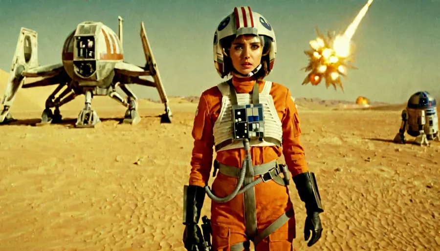 Ana de Armas, isyan pilotunda, etrafındaki patlamalar gibi mesafede duruyor. Bir kask ve uzak gökyüzündeki Starfighter ile tam bir vücut elbisesi hala arka planda görünür. Resim omuz üstündedir