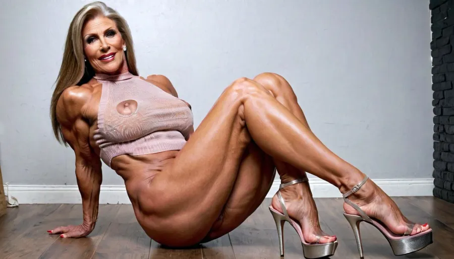 Eine muskulöse Frau mit großen runden massiven Muskeln, klaren Diamant schwarzen Zehennägeln, und eine sexy lange Haar Stil nahm Bilder von sich in das Fotostudio mit sexy Dessous mit ihren Beinen auseinander verbreitet zeigen ihre Muschi und rauchen langen Haarstil