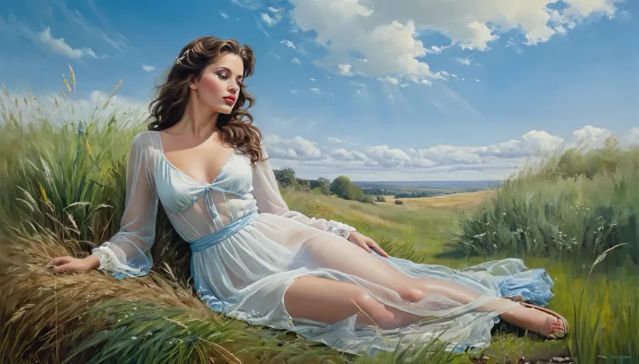 絵画の若い女性は、背の高い草、彼女の肩の上に彼女の髪のカスケードの分野にあります。 ネックラインと長袖の透明のシースルーの白いドレスを流れる、長く着ています。 彼女の髪のカスケードは彼女の上に