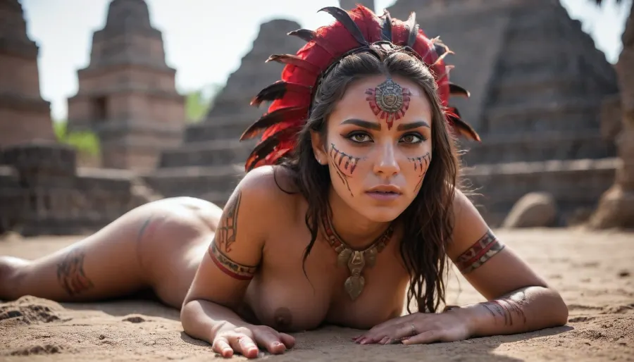 Photorealistic, Very detailed, deep depth of field, ultra-high resolution, Sharpened, Overexposure, Parallax, Wide Angle, Night Vision, Renaissance, Dramatic red sunset with long shadows, A young, stunning, wild, seductive, flirtatious, slender naked Aztec warrior woman with a highly detailed face and war paint. She wears short Aztec warrior clothing and Aztec jewelry. She is performing an occult blood sacrifice ritual in front of an ancient Aztec temple in the Mexican jungle. she is in a Pools of blood, knives, spears, and skulls lie on the ground, She have flat small breasts, natural soft shining skin, soft face and body, She plays romantically with her hair, (She is looking in any direction), (((worm's-eye view))), Face closeup, ((She is lying down))
