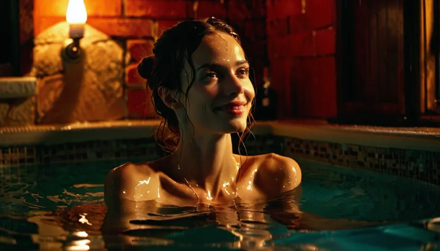 ((full body in shot)), ((brunette)), ((anorexic)), low angle. full shot. macrolens, 25 year old slim, (((pale))), italian woman in a jacuzzi deep in the water, smile, loud moaning, orgasm, brown_nipples, lying on her side. very wet skin. darkest night, detailxl, [Photorealistic, moody], <lora:MJ52:.5>
