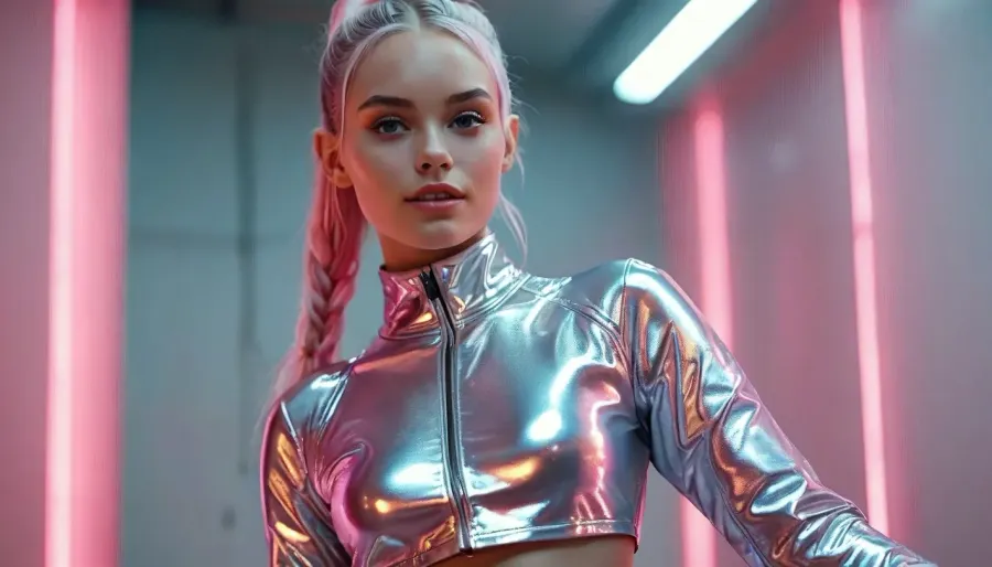 A confident european 18 year old young woman with sleek silver-pink hair tied in a high ponytail stands on a glossy, glowing runway. Happy playful smile, She wears a shiny cropped iridescent jacket over a black mesh bodysuit covering big firm conical breasts, paired with shiny high-waisted vinyl shorts and tall white platform boots. Her hand is raised in greeting, concentric neon rings, <lora:MJ52:.8>