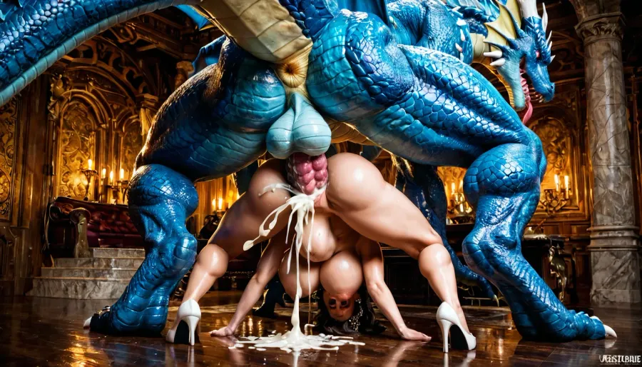 woman, extremely beautiful, elegant, pearl earrings, tall, blue eyes, pear shaped breasts, round ass, huge round tits, cum explosion, lot of cum, cum, cascade of cum, cumming, stomach bulge, squatting, looking at viewer, (huge dragon monster fucking woman from behind:1.3), vaginal penetration, massive monster cock, monster sex, rough fucking, hardcore monster porn, dragon monster fucking her, dragon grabs and fucks her, monster penis deep inside her, entire penis inside her. excessivepubichair, side wiew