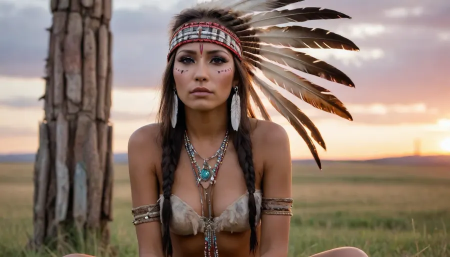 A adult beautiful slender Sioux Indian woman with a large colorful Indian Sioux feather headdress and war paint kneels on the prairie in front of a Native American totem pole, She has a pretty coquettish faded face, elaborate hairstyle, small breasts, detailed crystal eyes, light glowing irises, heartshaped lips, lip gloss, aroused skin, she exhales, dramatic sunset, long shadows, ancient native mood, detailed photo, photorealistic photo, realistic pretty women photo, night vision, soft fokus, parallax, overexposure, #©KITTYART



































#©KITTYART