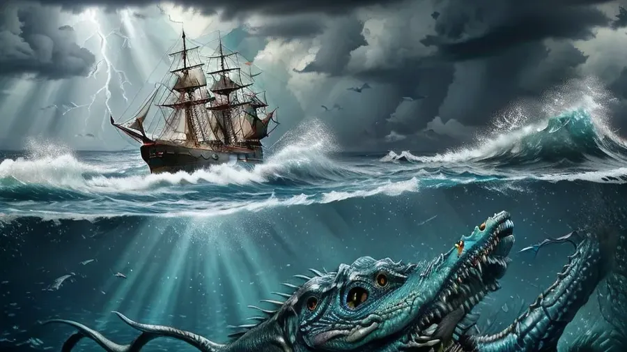 Seascape, ship on the high seas, storm, high waves, colored ink Mikhail Garmash, Louis Jover, Victor Cheleg, Damien Hirst, Ivan Aizovsky, Claude Joseph Vernet, broken glass effect, no background, amazing, something that doesn’t even exist, ((a terrible sea monster swims up to the ship)), a strong storm, huge frothy waves, thunderclouds covered the entire sky, lightning flashes on the horizon, energy, molecular, textures, shimmering and luminescent colors, breathtaking beauty, pure perfection, divine presence, unforgettable, impressive, three-dimensional light, auras, rays, vibrant colors, Broken Glass effect, stunning, something that even doesn't exist, mythical being, iridescent and luminescent scales, Volumetric light, vivid colors reflects, sea, monster, undersea, boat, <lora:SeaMonster-v1.0:.5>