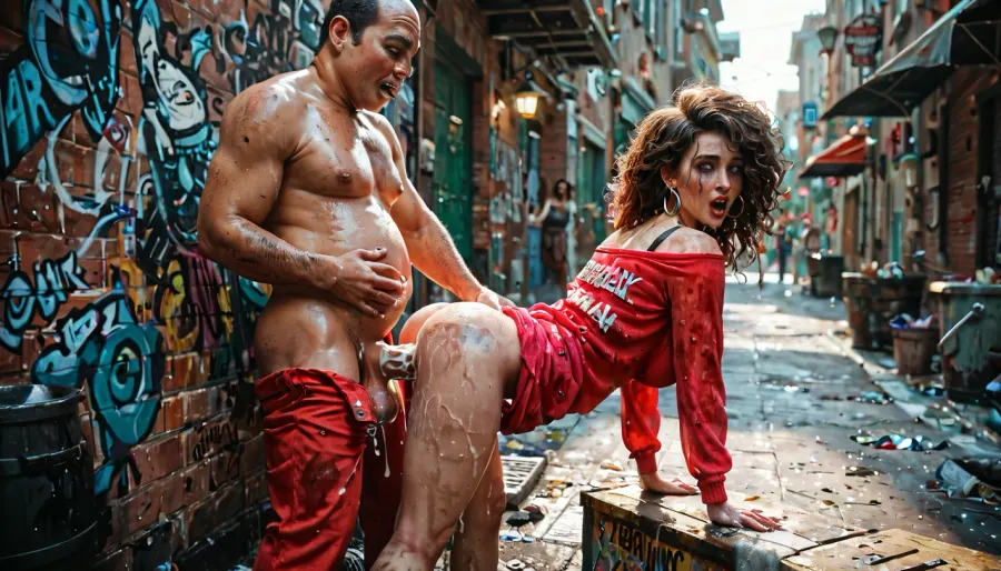 Drunken party girl in an alleyway having dirty sex with a big dicked homeless man.