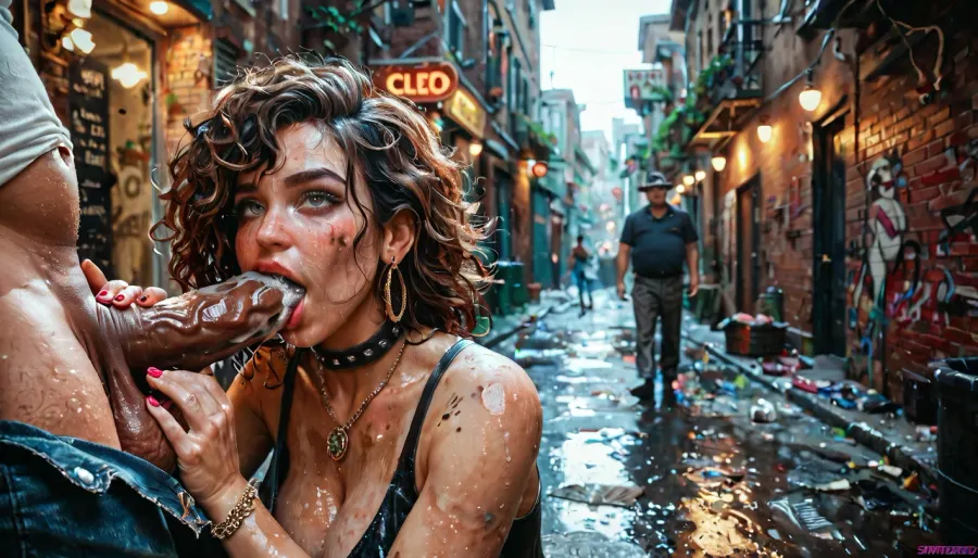 Drunken party girl in an alleyway having dirty sex with a big dicked homeless man.