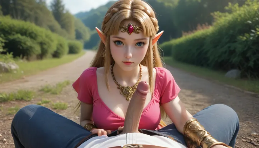 8k UHD, award winning photograph Princess Zelda stripping for a white man with a large penis, (Zelda:1.5), male POV, natural breasts, good anatomy, big breasts, perfect face, male sitting with Princess Zelda in front of him stripping, outside, shiny skin, zelda_a, long, hair, blond, pointy, ears, blue, eyes, circlet, pink, dress, short, sleeves, jewelry, bracer, bead, necklace, <lora:ゼルダ姫 Princess Zelda (The Legend of Zelda)_XL:2>