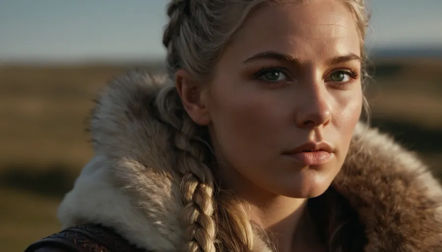 Masterpiece, realistic photography, ultra-realistic, detailed body, detailed face, realistic body, realistic face, green eyes, detailed eyes, realistic eyes, catchlight, angelic face, viking warrior, viking woman hairstyle, 30 years, viking braid, silver hair, serious look, look away, 3/4 view, side view, face slightly turned, towards the horizon, snowy landscape, background, peaceful face, fur hood, hood put on, woman, viking, fur collar, detailed leather cloak, Norse style fabric, cinematic fabric folds, viking outfit, realistic outfit, war painting, close-up face, cinematic blur, background blur, large format