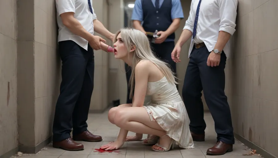 The image is an illustration of a young small woman, being violently raped and killed by various man. Her clothes are tore apart. She has long white hair . Her eyes are large and green, she is crying and she has a lifeless expression on her face. The background shows a dirty, disgusting public bathroom. The overall mood of the image is turbulent, agitated and disturbing. Full view, blood, gore, rape, raped, snuff, death, necro, choked, lifeless, full body, Head to toe. various man, gangbang, group rape.