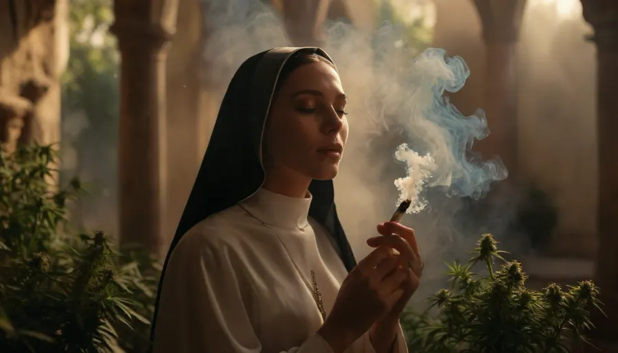 (warm ambient light:1.5), A slim, flat-chested, sexy nun sits in the monastery, holding cannabis in a rolled, conical hash cigarette. her gaze fixed on the smoke while she blows out a large cloud of smoke with pursed lips, In the garden, there are numerous cannabis plants in full bloom, (perfect cannabis buds:1.5), perfect face, looking at the smoke, perfect hands, perfect joint. It's a late summer afternoon, the sun is low and backlights the scene, rays of sunlight beautifully break through the smoke. Happy, content, satisfied, smiling, the focus is on the nun, the background is blurred., the entire image is designed using technical parameters to create a warm, romantic atmosphere. perfect buds, Ganja, flowers, cannabis, marijuana, leaves, plants, resin, 8k, high quality, highly detailed iage, sunlight_str1, vibrant, dream, pale, reality, elven, architecture, cloudy, smoke, atmospheric, clouds, fog, <lora:sunlight_str1-SDXL_v1-dim64-steps1691:1.3>, <lora:vibrant_dream:.8>, <lora:MJ52:.5>, <lora:EnvyElvishArchitectureXL01:.9>, <lora:Cloudy_Style:1.2>