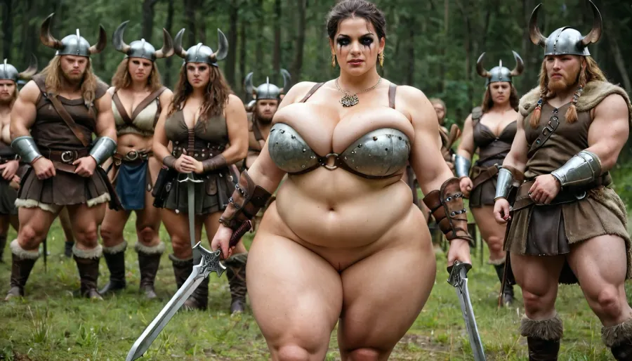 Viking MILF, Scandinavian combat outfit, big boobs, dangling tits, deep cleavage, two axes in her hands, wide thighs, chubby figure, fat. At the battlefield, battle makeup, warrior, perfect thick ass, thick nude thighs, thick, ass, booty, pose, big, fat, <lora:milkers_v2:.5>