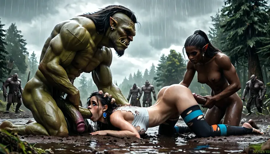 Highly realistic sharp focus, her eyes rolled back, (side view, face down pussy fucked), she is looking up, crying expression, pouting mouth, (laying flat face down pussy fucked in sinking sticky tar pit), orc leaning onto her back, she is reaching forward grasping alien worm, ((cute princess)), orcs pull her hair and head back by her hair, orc's cock in her pussy, ((aroused face)), wearing tight white longsleeve scoop cotton crop top, torn black leggings, 18 years old, perfect skin, long black hair, (Her ass turned to us), (blue eyes), ((((perkynatural boobs)))), skinny hips, (a giant monster stand next to her:1.3), vivid color, gate of an orc village in mud with dark rain sky, orc, group, of, woman, laying, on, stomach, <lora:580159_training_data:1.1>, <lora:EdobOrc_XL_v1.0:.8>, <lora:dark:.2>, <lora:Animated_Concept:1.5>