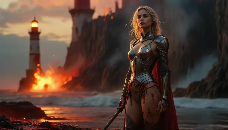 Full-body view of a slender, flat-chested, sexy blonde knight after a bloody battle. Her clothes are torn from battle, her armor broken. Covered in sweat, Various sexual positions with an attractive knight against the backdrop of a burning fantasy Middle Age lighthouse at dawn, rays of light, sparkling beach at dawn, red sky, promise, sea foam sparkling, fantasy atmospheric, watercolor and ink painting, Realism scene, colorful, an intricate detailed, realistic scene with many intricate details, by karol bak, michael garmash, bokeh, stunning image, cgsociety, trending on artstation, behance, realism, beautifully lit, hd, hq, 16k, extreme detail, tom bagshaw, gorgeous award winning art, stunning breathtaking, cloudy, smoke, atmospheric, clouds, fog, <lora:MJ52:1.5>, <lora:Cloudy_Style:1.3>