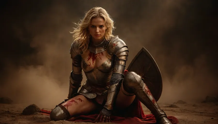 Full-body view of a slender, flat-chested, sexy blonde knight after a bloody battle. Her clothes are torn from battle, her armor broken. Covered in blood and sweat, she is passionately vaginally casual sex with a proud knight in armor but without a helmet. Various sexual positions with an attractive knight against the backdrop of a detailed battlefield that disappears into blur. Perfect face, perfect hands, It is a late summer afternoon. The sun is low and illuminates the scene from behind. Sunbeams break beautifully through the smoke. Orgasm, satisfied, gratified, smiling. The focus is on the couple, The entire image is technically designed to create dramatic atmosphere contrasted to the battle. DonM1uth3rXL, sunlight_str1, <lora:tbh71-sdxl:.5>, <lora:sunlight_str1-SDXL_v1-dim64-steps1691:2>