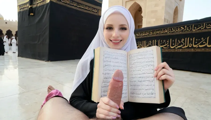 hijab girl, very hairy dick pov, smile, holding dick, reading quran, pale skin, skinny, in front of kaaba, cum covered quran