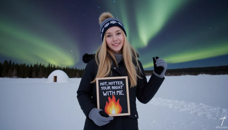 A snowy winter landscape with a igloo, dark sky with northern lights. A young blonde woman, scandinavian, nordic beauty, wearing a winter coat, bobble hat, gloves, smiling, holding a sign with text "HOT, HOTTER, YOUR NIGHT WITH ME" and a painted flame.