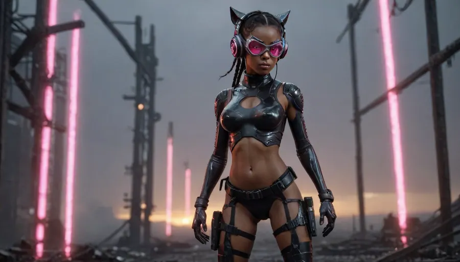 beautiful sexy 24 year old African girl wearing a metal exoskeleton, futuristic technology, pink glow, black girl, ebony girl, model, flat chested, petite body, dystopian, wearing cat ear headphones, tactical gear, tactical boots, wearing a holographic vr headset over her eyes, sunrise in the background, running makeup, face paint under eyes, raining, overcast weather, orange glowing body markings, emo, goth, horror, alien markings all over her body, on a battlefiled, black hair, ponytail, round innocent face, ultra high definition, ruanyi0300, assault, rifle, belt, gloves, goggles, holding, weapon, m4, carbine, mecha, gun, matwaretech, scifi, pixelated, malware, glitch, SentinelsMatrix1024, robot, spider, <lora:SentinelsMatrix1024:.8>