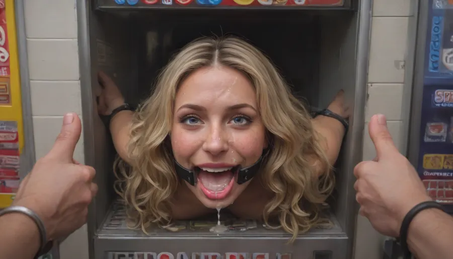 (40 years adult), (very happy:1.5), (she shows thumbs up:1.5), (woman is stuck with her hips in a round hole with metal rim in a vending machine), (her bust is protruding from a round hole in the front of the vending machine:1.5), (stuck in hole with metal rim:1.3), (vending machine at night, slot for payment), (wide mouth spreader ring gag, gaping mouth:1.5), (leaning forward), (wide smile:1.5), (she needs it, pleading expression:1.2), (box is low mounted, close to floor), (score_9, score_8_up, score_7_up, UHD 8K, masterpiece, best quality, maximum details, natural light, extreme realism, cinematic still), (huge penis:1.4), (she stares at erect penis in front of her face:1.3), (POV from above, she is looking up to viewer, submissive), (POV man standing and looking down, man stroking his big dick:1.1), (arms restrained to wall), (her arms left and right flat against the wall, multiple iron rings fixing her stretched arms against the wall:1.5), (POV standing man, looking down on her:1.2), (mouth wide open), (dirty blonde Swedish woman, freckles, tanned), (tan lines), (iron rings restrain her arms to vending machine), (her arms are spread eagle against vending machine:1.8), (arms restrained with iron rings:1.8), (free-standing vending machine), (her face is covered in cum:1.6), (cum in her mouth:1.1), (bukkake, facial:1.3), (freckles, skin impurities), (transparent liquid:1.2), (realistic cum), (wet face:1.2), (oily skin:1.5), (stuck with hips in a round hole with metal rim:1.6), (long blonde hair, elegantly styled hair, long wavy hair:1.5), (eyes wide open in awe:1.3), (her mouth serves only one purpose), (she's got a new job, she's a public cum dumpster), (pink glossy lips:1.3), (shocking pink lips, pink lipstick:1.5), (eerie lighting:1.3), (smeared lipstick:1.3), (thick bimbo botox lips:1.5)