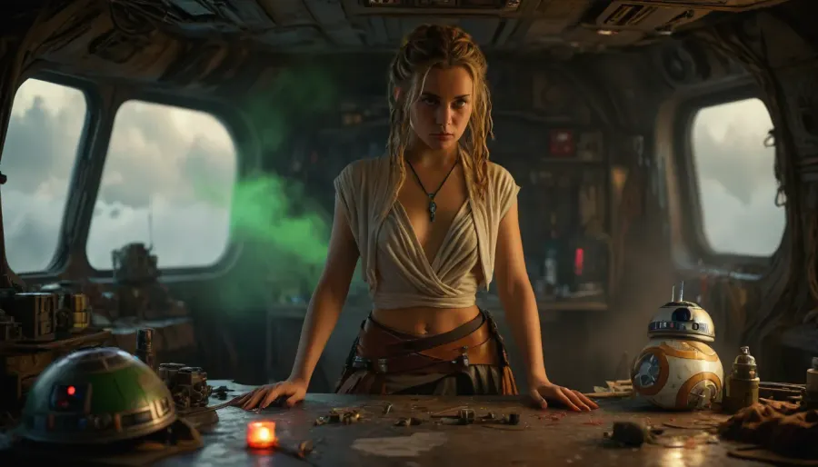 Star Wars Style, full body view of a female Jedi, repairing stuff at messy table, in a messy common room, inside Millennium Falcon, slender, slim waist, blonde matted dreadlocks, flat breasted, tanned skin, lucky charm necklace, beautiful brown leather belt, highly detailed Jedi costume, Jedi toga, perfect face, perfect hands, glass on table, extremely steaming green liquid, R2-D2, dejarik, 8k, high resolution, TIE, fighter, neon_style, cloudy, smoke, atmospheric, clouds, fog, <lora:TIE fighter:.8>, <lora:304304_training_data:.8>, <lora:MJ52:.8>, <lora:Cloudy_Style:1.1>