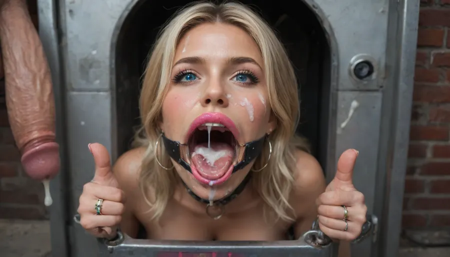 (blonde woman is stuck with her hips in a round hole with metal rim in an arcade machine on a busy street, wearing a mouth spreader), (huge sign on top of machine reading "#DreamJob":1.3), (stuck in round hole with metal rim:1.1), (wide metal box), (her arms are fully stretched out to the sides), (arms restrained in contraption:1.4), (wide angle, full machine in picture:1.1), (bustling street, passersby:1.3), (wide smile, obsessive:1.3), (her arms are fixated in machine, she shows thumbs up:1.5), (score_9, score_8_up, score_7_up, UHD 8K, masterpiece, best quality, maximum details:1.2), natural light, extreme realism, cinematic still, (very happy), (her hands are protruding from holes:1.3), (stuck in hole with metal rim), (wide mouth spreader ring gag, gaping mouth:1.7), (leaning forward), (huge penis), (she stares at erect penis in front of her face:1.3), (cum on her face, bukkake:1.3), (shocking pink lipstick:1.3), (bimbo lips:1.2), (botox:1.2)