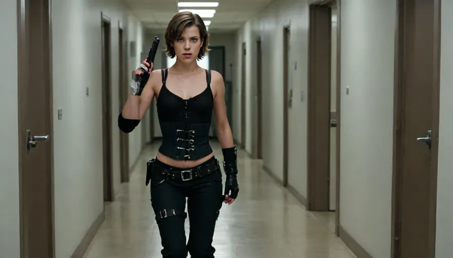 (full body portrait), The image shows a woman running down a hallway from the left. She has short brown hair and dark eyes. She is wearing a black tank top, a black corset, and black pants. She also has a brown leather belt with a large silver buckle, and black elbow-length gloves. She is wearing high laced boots with gray knitted gaiters.

She is holding a pistol in each hand, her arms are raised to the sides. She has a serious expression.

Futuristic style. The office of a large corporation. A very wide corridor has white walls and a floor. White boxes are located along the walls., <lora:ahxl_v1:.8>, alic3apocalypse, she, is, wearing, apoc, outfit, brown, wavy, wet, a, bath, towel, holding, gun, shotgun, <lora:alice resident evil sdxl:.8>, <lora:1350623_training_data:.8>