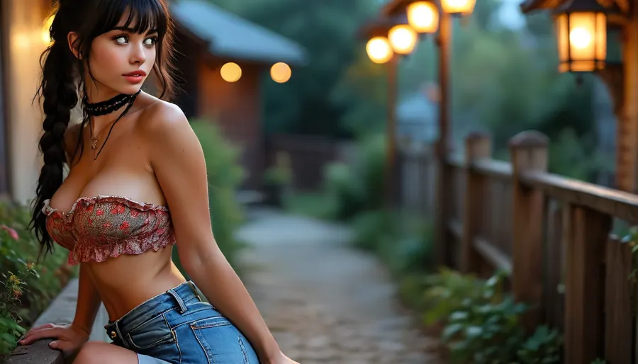 a cute, mousy 19-year-old girl can be seen in her own backyard, at nighttime, over the fence, she is looking away, unaware. She is curvaceous with wide hips, large saggy breasts far apart, and a very skinny waist. She is in a teasing sexy pose, showing off her perfect ass and hard erect visible nipples, poking out her butt, slightly bent over. Needing sex, Her seductive expression is adorable as she wears a see through off shoulder floral frilly crop top, very high-rise tight jeans, brown belt cinched at her natural waist, very high platform heels, thick brown leather choker. She is touching her own tits, pushing them together. She has very long black hair with straight bangs and one single thick braid. Short torso with long skinny legs, high defined protruding hip bones. the nighttime setting, illuminated by warm, golden lamp light. Her symmetrical eyes, perfect teeth, and sexy mouth create an alluring look., large, saggy, breasts, big, boobs, huge, tits, but, <lora:bombshell_v2:2>, <lora:BUT_SDXL_SHS:2>, <lora:MJ52:2>