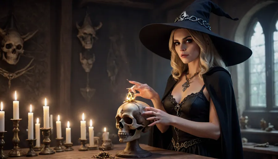 the witch with hat, ((sexy witch outfit:1)), lots of skin showing, black cape, blonde hair, jewelry, Necklace, Rings, on display skull, zcaster, <lora:Spellcaster_v4:1>