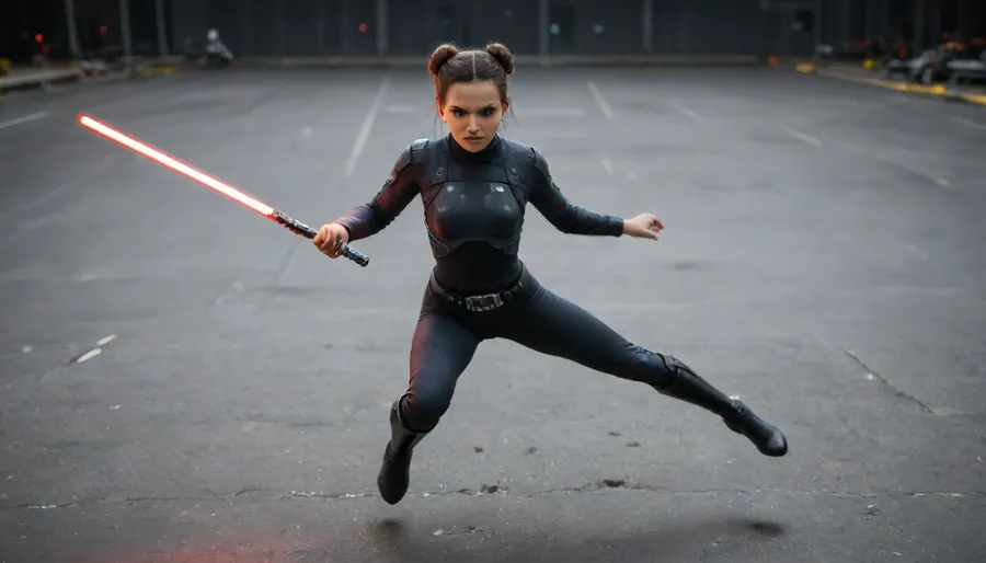 Best Award winning photo, ((1girl is visible on foreground)), ((4_Stormtroopers from Star Wars is visible in frame)), Stunning_Beauty, Caucasian, 18yo, 1girl, full body, (looking at viewer:1.7), (curvy, petite, gymnastic body:1.3), shaped slim legs, thin waist, perfect onion booty ass, (small plump, flat-chest, muscular abs), (highly detailed eyes:1.2), (bright blue sharp eyes:1.2), (glossy eyes:1.2), matte skin, pores, wrinkles, sharpness, crystal clear, cute face, narrow fsce, (highlydetailed face:1.2), (superrealistic face:1.2), (detailed hands), (detailed fingers), (brown hair two big cinnamon buns), (girl dressed in long black leather coat, long sleeve, black thigh-high boots, Daring, metal black armor panties), (1girl holds only one red lightsaber in both hands), (Rim Light, lightsaber pointed at viewer), ((Soft Glow, only one lightsaber is visible in the frame)), wide spread legs, knees bent, ((dynamic pose:1.8), jumping:1.8), ((Stormtroopers full dressed on Stormtrooper_white_armor_from_Star_Wars)), .

On Dystopian black Background, heavy mist, dark gritty aesthetics, futuristic elements, sense of oppressive atmosphere, dark, rich, Deep shadows, somber, muted, obscure, Wide angle, chaotic cabin in background, enhanced details, dynamic beauty of the scene.

Neon, bright, luminous, wide range of tones, Neon glow, vibrant colored lights reflecting on the character's face, faint accent lights, best shadows, Dramatic light, cold and mystical atmosphere, eye catching composition, very aesthetic, intricate, elegant, newest, emptiness, spaciousness.

Photo of the most beautiful artwork in the world, professional majestic photography, masterpiece, artstation, concept art, best quality, amazing quality, highly detailed, ultra detailed, Super realism, cinematic, clear image.

64K, HDR, UHD, film_grain, score_9, score_8_up, score_7_up, score_6_up, score_5_up, score_4_up, Ultra-high resolution, Super high resolution, Professional quality, Hyper-detailed, Meticulous, Photorealistic, Photography realistic, Hyperrealistic, Golden ratio, Bright, ethereal, Gold, silver, black, purple.

Leica M10, dslr, Wide-Angle Lens 35mm, full shot, wide angle action scene, foreshortening, (Dutch angle:1.2), interesting angle, (Zoom out:2), ((full length photo:2)), (sharp focus), (forced zoom out:1.8), (depth of field:1.5), (not close up), vast scenery, small aperture, maximum sharpness, (High-angle perspective), (extreme forced dramatic perspective:.25), (sharp focus on girls face:1.8), Knee Level Shot.

Stunning_Beauty, mad-cttrs, detailxl, <lora:add-detail-xl:2>, <lora:Stunning_Beauty_XL-000009:2>, <lora:xl_more_art-full_v1:2>, <lora:Neon_Cyberpunk_SDXL_Cutters:2>, <lora:Adjust_SDXL_v3.0:2>