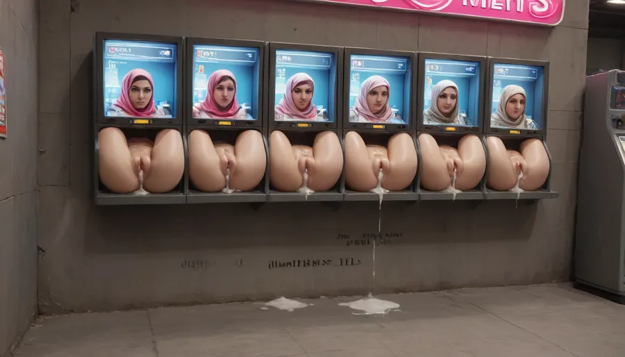 score_9, score_8_up, score_7_up, score_6_up, (lineup of sluts stuck in round opening in machines with metal rim:1.3), (spread legs restrained with thick metal rim:1.1), oiled skin, ripped white clothes, after sex, trembling, {{steamy pussy}}, cum in pussy, cum inside, cum leaking out of pussy, cum on ass, excessive cum, pussy juice dripping down to the floor, (big photo of her face on the screen of the machine:1.5), {{trembling}}, rolled up her skirt, glory wall, leaking cum, steamy pussy, (object), public display public, (use pussy stuck hole in arcade machine), (arcade machines lined up), (arcade gaming hall), wall writing, concrete wall, Muslim girl, pink hijab, (lineup of free-standing metal boxes), (stand-alone full-height metal boxes), (vintage vending machines)