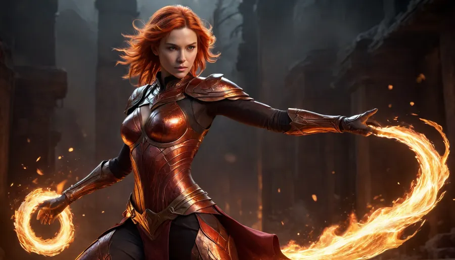 18+ adult woman, full body, empowered by Emberflux flames — molten, flowing red-orange fire that behaves like liquid, wrapping around her arms and legs, forming temporary crystalline armor and sharp ember-like weapons, sparks floating around her glowing like living fire, illuminating her fierce confident expression, short windswept hair with fiery highlights, tight battle-ready outfit with subtle heat-resistant metallic accents, dynamic pose with one hand summoning molten whips and the other forming a shield of hardened ember crystals, glowing embers swirling around her body, background dark with faint smoke and glowing particles, intense dramatic cinematic lighting, highly detailed, realistic textures, fantasy concept art, fire reflections on skin and armor, fantasy warrior, elemental magic, 18+ adult look.