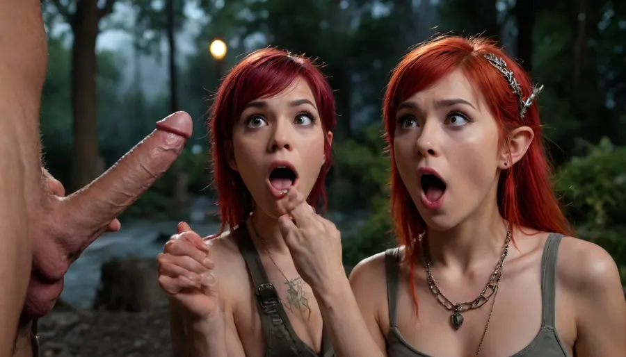 painting of elven asian colred haired punk woman shocked, surprised by one huge cock, night, outdoor, cinematic lighting, rimlight, intense, lotr, colorful, nsfw, <lora:cockshock:.5>