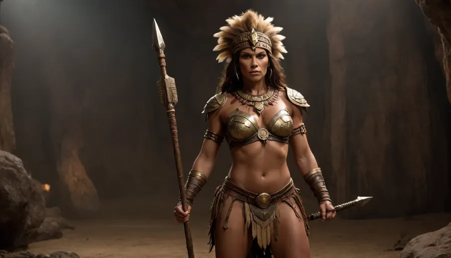 dark cave setting, (mature warrior woman with large breasts and tribal-style clothing), ((muscular)), (lion headpiece), (holding a spear at the ready), brown, gold, tan, darker brown, dark background, woman with exaggerated features, implied sexual tension, (woman is dark-skinned), .