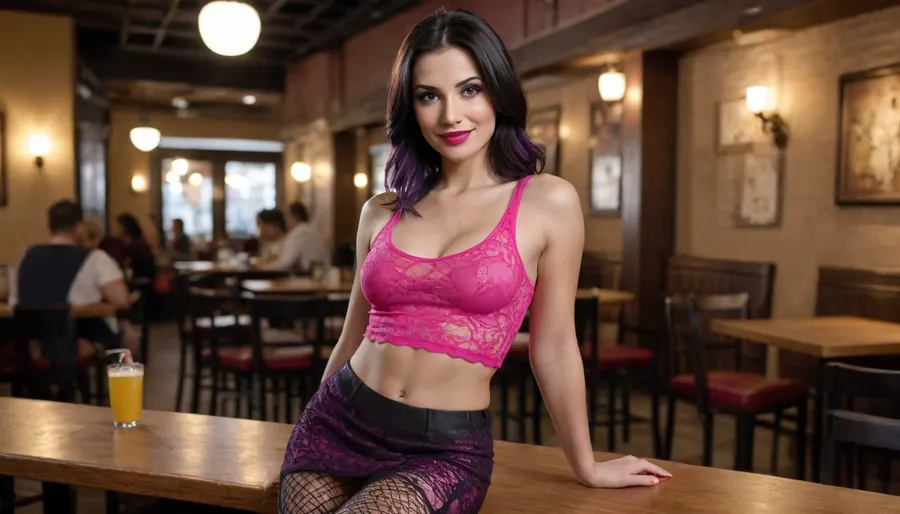 woman dildo sodomize, in a street cafe, a woman with long black hair with purple highlights, long bob cut, with a sexy neon pink tank top without a bra, a refined short black skirt with white fishnet stockings, with transparent white lace panties, intense red lipstick, sinister smile, with open legs, very thin and muscular stomach, full multi-view