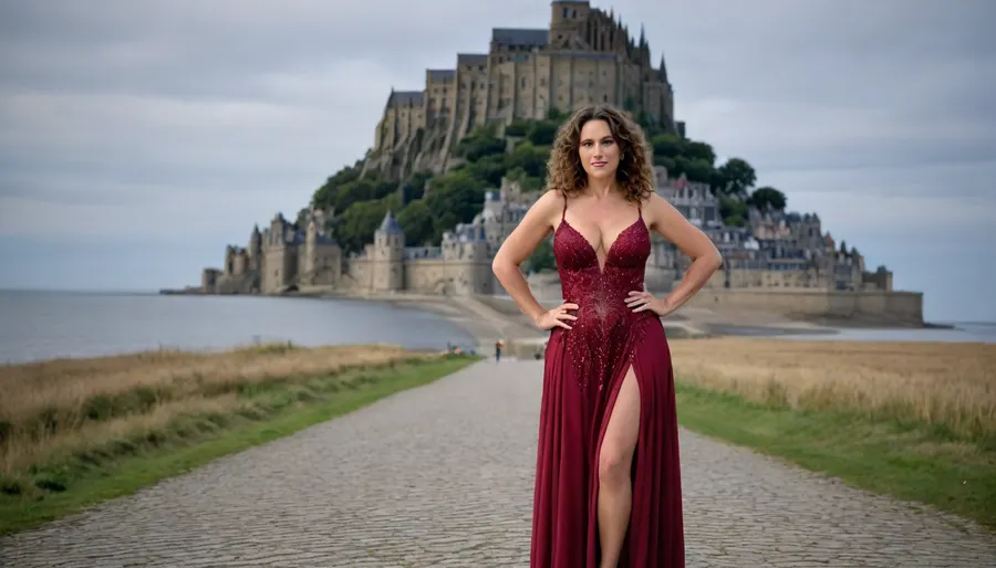 Woman 50-years old, sexy, cleavage, large breasts, medium long brown curly hair, extravagant evening gown, Full body view, Mont-Saint-Michel, France