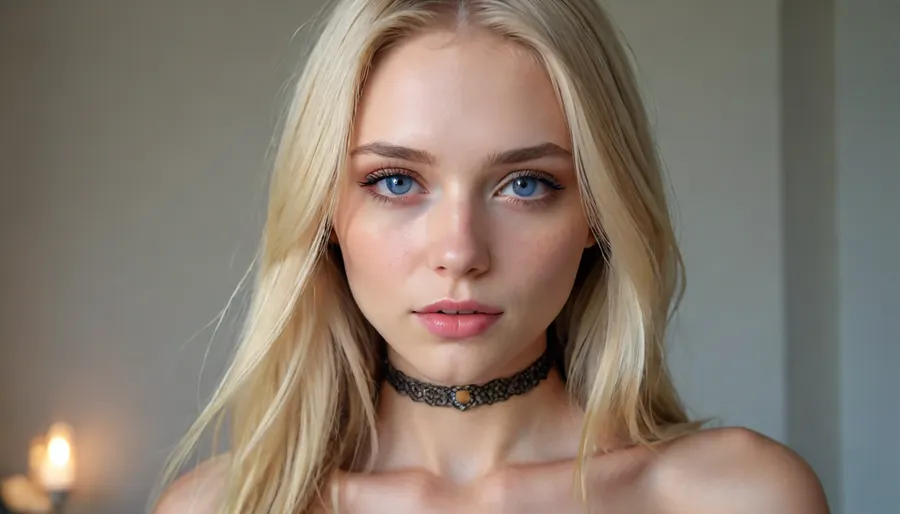 (extremely hot and sexy:1.7), 25yo woman., ((whole naked body in shot)), toned and average-height, fair skin and blue eyes, and, ((very long:1.5), blonde hair:1.5), (in a face-framing haircut:1.5), . wearing a slave collar, style is boho., <lora:detailed_notrigger:1.5>