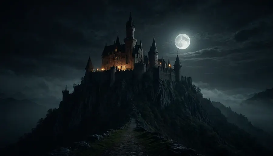 A eerie and creepy medieval castle sits atop the mountain. It exudes a sinister appearance. moonlight shines upon its medieval walls. There is fog in the air and a unsettling silence in the air. Every brick is visible, <lora:dark:.8>, <lora:Vivid Midjourney mimic - XL SDXL v2.0:1.5>