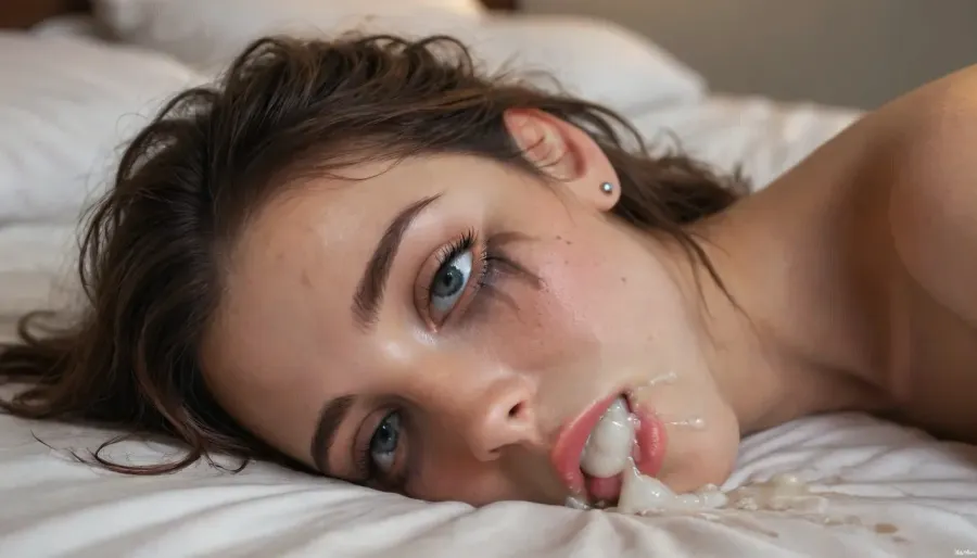close-up on head of cute girl, laying on bed after having been used intensely, facing viewer, tired and sad, crying, ruined makeup, ((cum running out of mouth onto bed:1.5)), warm light, beautiful morning