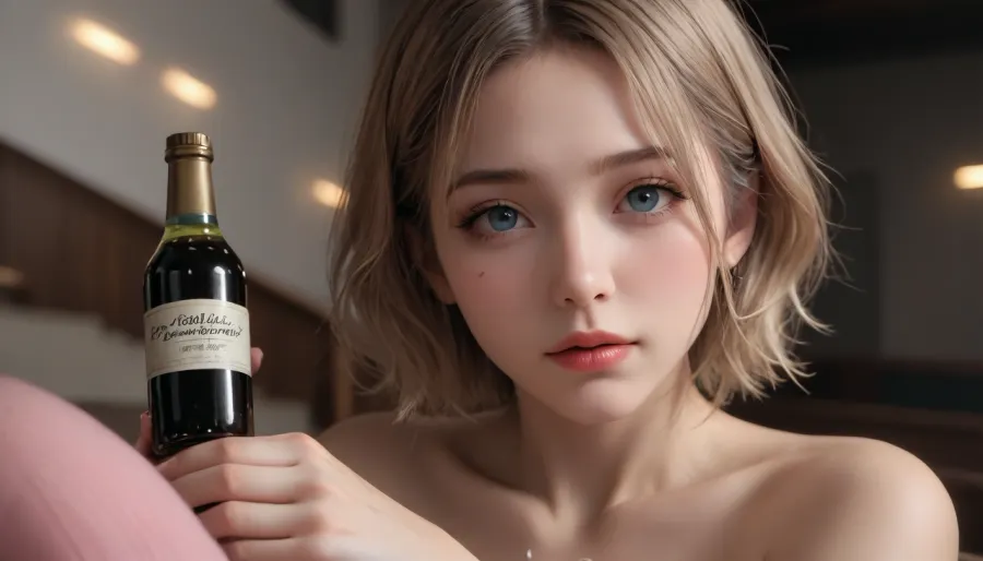 nightclub, coming down the stairs, naked, Ultrarealistic face, Photorealistic face, real face, pink labia, anime make-up, dark room, pink stockings, a dark room, vodka bottle in hand, dark skin, she bites his lower lip and smiles, winks, her hair is tousled, Cum is pouring out of my mouth