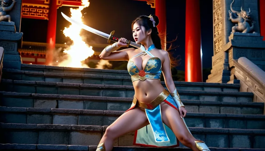 fullcolor image, 8K quality, night, fool moon, thunder flash, a beautiful sexy chinese woman, large breasts, slim athletic body, fighter in sexy traditional dress, ((fight with some demons on the steps of the imperial palace)), long chinese sword in her hand, ancient china, full body in frame, side viev