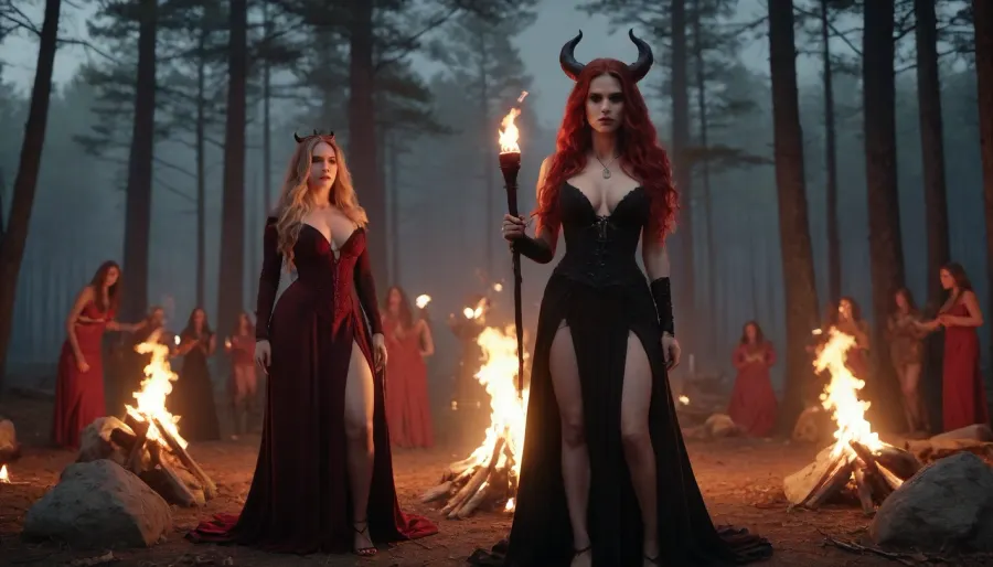 uber realistic image, fullcolor image, full body view, 8K quality, ultra detailed, masterpiece, coven, Beautiful queen witch have sex vith huge devil, in a luxory slutty black dress, with a low neckline, anorexic skinny, huge heavy very saggy breasts, very long wavy hair, lies on a stone altar in a satanic temple, a huge red skinned horner devil fucked a witch, the rest of the witches stand around with torches in their hands, night, bloody full moon, forest clearing, a fire burning in the background, sex, sex with devil, public sex, dark ritual, full body vision