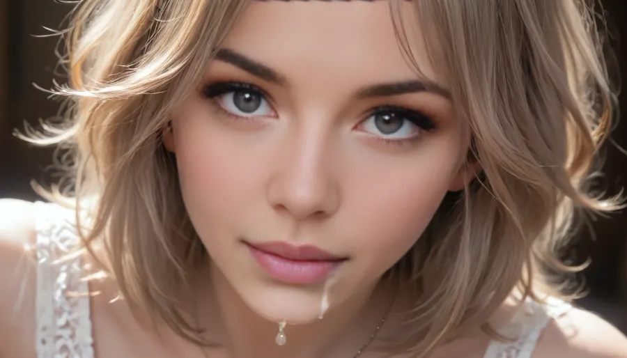 26 yo woman, seethru top, single person, bending down, hanging perky tits, seductive, lustful, blue eyes, wideshot, 4k, photorealistic, intricately detailed face, intricately detailed eyes, lots of cum dripping from mouth